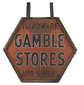 GAMBLE STORES HARDWARE & AUTO SUPPLIES TIN SIGN WITH ORIGINAL WOOD FRAME