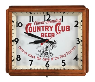 RARE COUNTRY CLUB BEER ADVERTISING CLOCK W/ HORSE & RIDER GRAPHIC