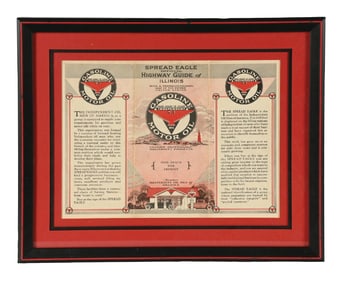 RARE INDEPENDENT GASOLINE & MOTOR OIL FRAMED GRAPHIC HIGHWAY MAP OF ILLINOIS.