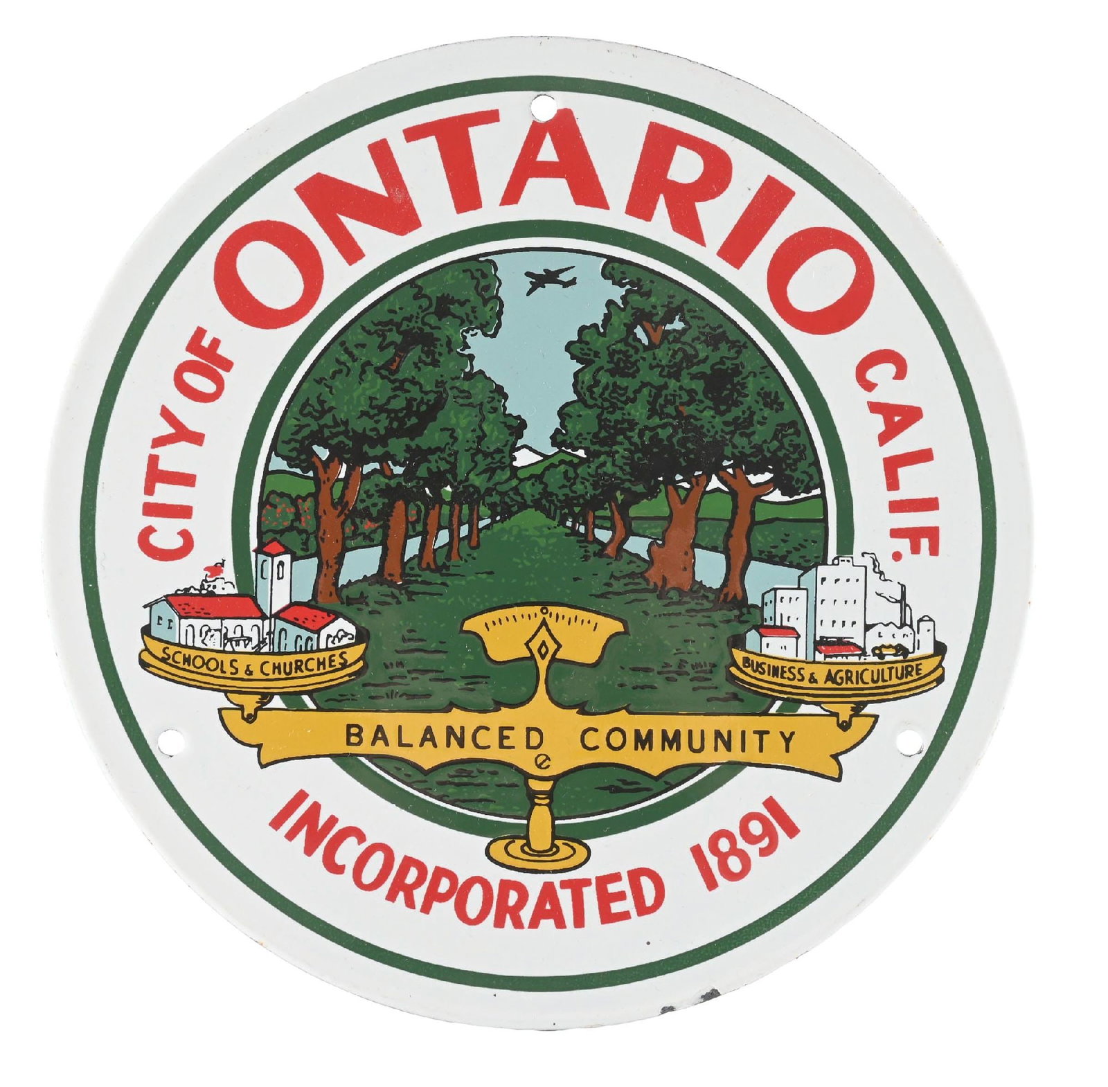 CITY OF ONTARIO CALIFORNIA PORCELAIN MUNICIPAL SIGN AGS 94: SSP. C. 1950s. CONDITION: Sign is in brilliant condition throughout, showing outstanding color and gloss with no notable field or mounting hole wear. Very minimal wear along lower edge. A brilliant ex
