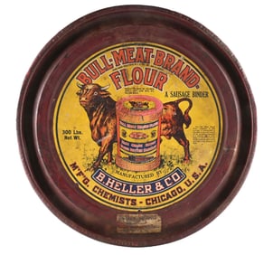 BULL MEAT BRAND FLOUR TIN SIGN W/ BULL GRAPHIC