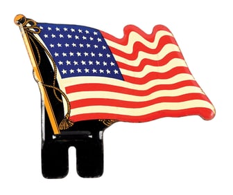 NEW OLD STOCK 48 STAR FLAG EMBOSSED TIN LICENSE PLATE TOPPER