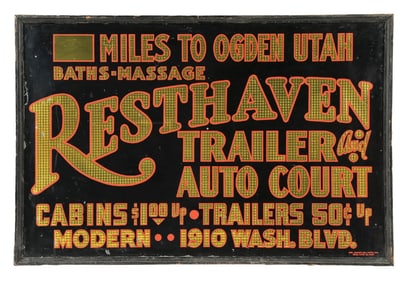 RESTHAVEN TRAILER & AUTO COURT PUNCHED TIN SIGN W/ ORIGINAL WOOD FRAME