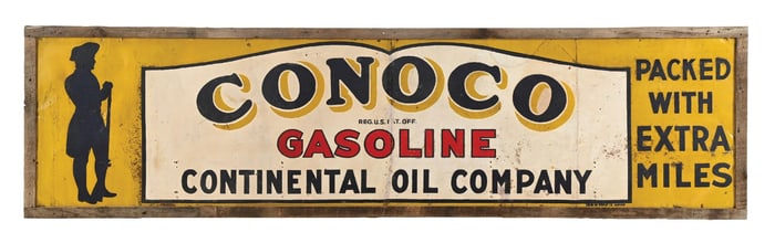 RARE CONOCO GASOLINE SAND PAINTED TIN SIGN W/ WOODEN FRAME