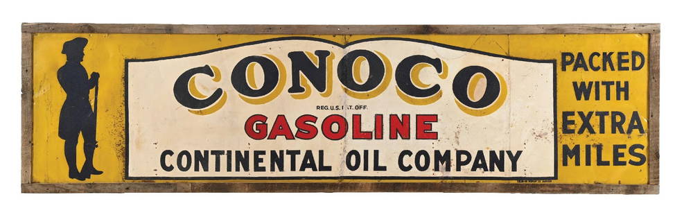 RARE CONOCO GASOLINE SAND PAINTED TIN SIGN W/ WOODEN FRAME: SST. C. 1920s. Maker Marked Color Ad Display, Denver, CO. CONDITION: Sign shows very good color throughout, with a large majority of its original sand painted blue paint intact. Sign shows a cut at th