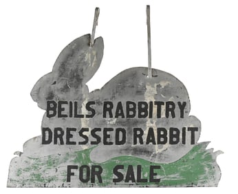 BEILS RABBITRY DRESSED RABBIT FOR SALE HAND PAINTED FIGURAL METAL TRADE SIGN