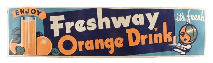 NOS ENJOY FRESHWAY ORANGE DRINK SODA POP SIGN W/ ORANGE GRAPHIC