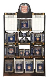 SOCONY PETROLEUM PRODUCTS SERVICE STATION OIL CAN DISPLAY CABINET COMPLETE W/ CANS