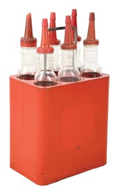 MOBIL SERVICE STATION OIL BOTTLE STORAGE RACK & CARRIER W/ GLASS BOTTLES