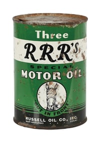 THREE R'S MOTOR OIL ONE QUART CAN W/ HORSE GRAPHIC
