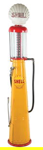 GILBERT & BARKER MODEL #177 GAS PUMP RESTORED IN SHELL GASOLINE: C. 1920s. CONDITION: Pump shows an excellent restoration done in Shell Gasoline, showing Shell decal as well as original Shell globe. Pump shows BB hits in the glass cylinder with some minor areas of