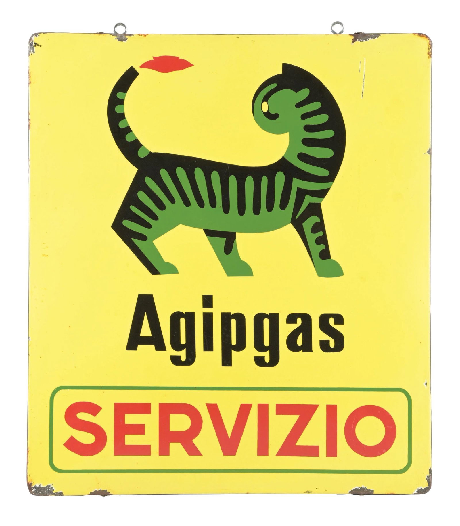 AGIPGAS SERVIZIO PORCELAIN SERVICE STATION SIGN: SSP. C. 1950s. CONDITION: Excellent color and gloss throughout the field, showing light surface scratching with some minor stress chipping in the outer field. Sign shows a cookie cutter framed edge wi