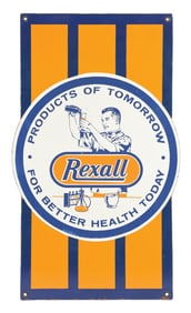 RARE REXALL DRUGS PORCELAIN SIGN W/ PHARMACIST GRAPHIC