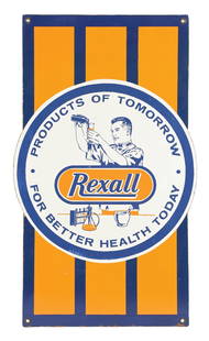 RARE REXALL DRUGS PORCELAIN SIGN W/ PHARMACIST GRAPHIC: SSP. C. 1940s. CONDITION: A very rare sign from Rexall Drugs, this sign was cut from a larger plain panel. Sign shows excellent color and gloss throughout the field with no notable chipping or wear in