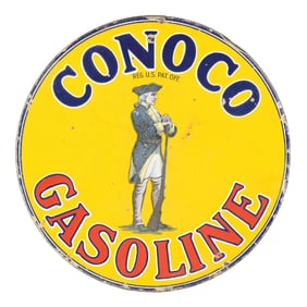 CONOCO GASOLINE PORCELAIN SIGN W/ MINUTEMAN SOLDIER GRAPHIC