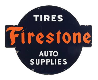 FIRESTONE TIRES & AUTO SUPPLIES PORCELAIN SIGN: DSP. C. 1930s. CONDITION: Sign shows excellent color and gloss throughout the field of each side with moderate areas of light surface scratching present. Sign shows areas of chipping along the outer e