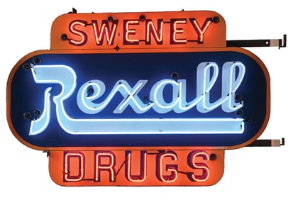 REXALL SWENEY DRUGS COMPLETE PORCELAIN NEON SIGN ON ORIGINAL METAL CAN