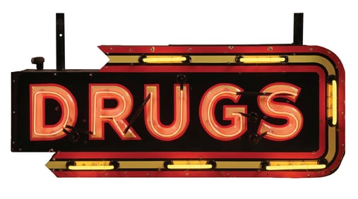 OUTSTANDING DRUGS EMBOSSED PORCELAIN COMPLETE NEON SIGN