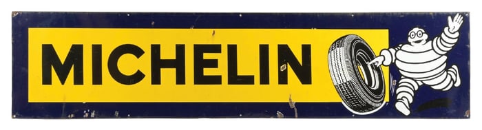 MICHELIN TIRES PORCELAIN SIGN W/ TIRE & BIBENDUM GRAPHIC