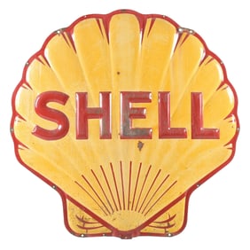 SHELL GASOLINE EMBOSSED PORCELAIN CLAM SHELL SIGN