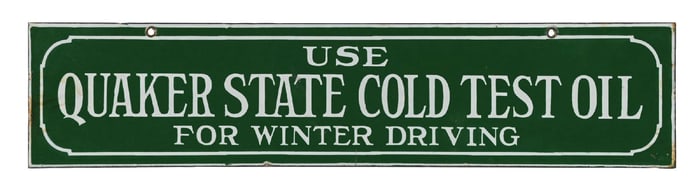 USE QUAKER STATE COLD TEST MOTOR OIL PORCELAIN SIGN
