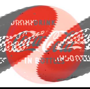 DRINK COCA-COLA IN BOTTLES PORCELAIN BUTTON SIGN: SSP. C. 1950s. CONDITION: Sign shows very good color and gloss throughout the field, with light surface scratching as well as some minor areas of light cloudiness. Sign shows chipping in the outer fie