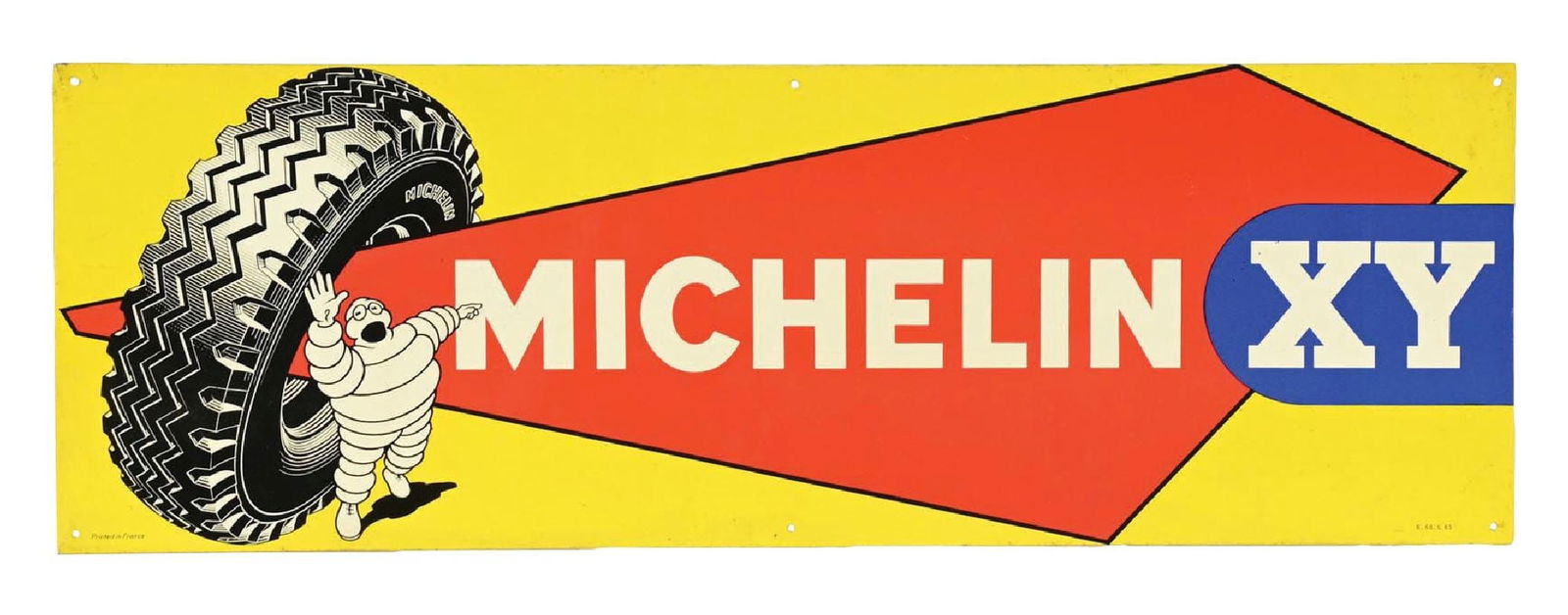 MICHELIN XY TIRES TIN SIGN: SST. C. 1960s. CONDITION: Excellent color and gloss throughout the field, showing only light surface scratching with clean graphics. Minimal wear at the mounting holes and along the outer edges. Condi