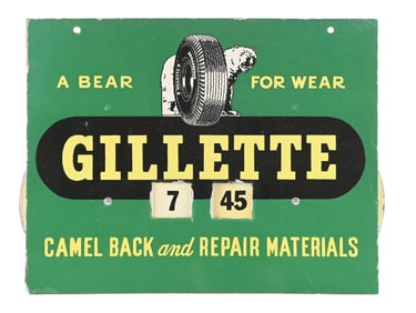 GILLETTE TIRES "A BEAR FOR WEAR" TIN SERVICE STATION DIAL TIMER SIGN