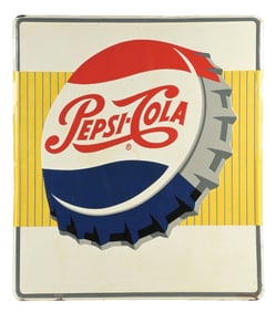 PEPSI-COLA EMBOSSED TIN SIGN W/ BOTTLE CAP GRAPHIC
