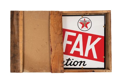 COLLECTION OF 2 NEW OLD STOCK TEXACO MARFAK LUBRICATION SIGNS W/ ORIGINAL CRATE