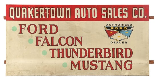 QUAKERTOWN AUTO SALES FORD, FALCON, THUNDERBIRD, MUSTANG HAND-PAINTED MASONITE DEALERSHIP SIGN