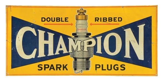 CHAMPION SPARK PLUGS EMBOSSED TIN SIGN W/ SPARK PLUG GRAPHIC