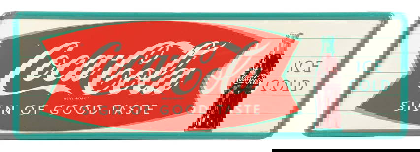 COCA COLA SIGN OF GOOD TASTE TIN SIGN W/ FISHTAIL GRAPHIC: SST. Maker Marked MCA. CONDITION: Sign shows outstanding color and gloss throughout the field, with one small factory flaw at the upper-left. Sign shows minor areas of paint wear on the outer raised