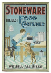 STONEWARE THE BEST FOOD CONTAINER TIN OVER CARDBOARD SIGN