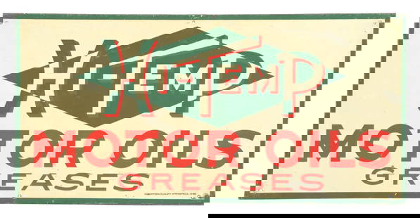 HI-TEMP MOTOR OILS & GREASES TIN SERVICE STATION SIGN: SST. C. 1940s. CONDITION: Sign shows fair color throughout the field, with some light age staining in the white. Sign shows added nail hole at the lower-right edge, with light wear at the remaining mo