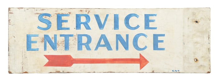 SERVICE ENTRANCE HAND-PAINTED WOOD SIGN W/ ARROW GRAPHIC