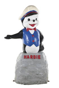 HARBOR GASOLINE "HARBIE THE SEAL" FIBERGLASS SERVICE STATION DISPLAY: C. 1950s. CONDITION: Figural statue showing excellent paint throughout, with just a few minor areas of paint wear scattered throughout the base and body. Statue shows no heavy damage and displays exce