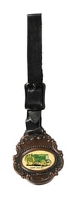 RARE JOHN DEERE PLOW COMPANY CELLULOID WATCH FOB W/ TRACTOR GRAPHIC