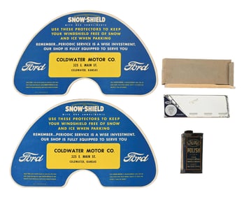 COLLECTION OF 4: FORD AUTO POLISH CAN, ADVERTISING MIRROR & WINDOW SHIELDS.