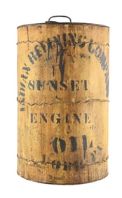 RARE INDIAN REFINING COMPANY SUNSET ENGINE OIL WOOD COVERED OIL CAN