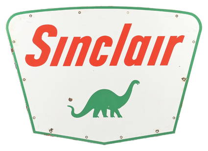 SINCLAIR GASOLINE PORCELAIN SERVICE STATION SIGN W/ DINO GRAPHIC: SSP. C. 1960s. CONDITION: Sign shows excellent color and gloss, with one chip in the lower field as well as some minor areas of surface scratching and dirt staining. Sign shows chipping at the mountin