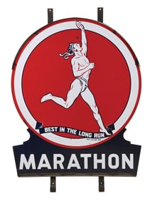 MARATHON GASOLINE PORCELAIN SERVICE STATION SIGN W/ ORIGINAL IRON HANGERS.