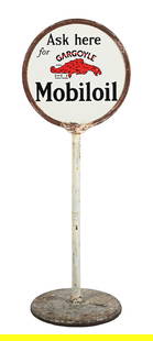 ASK HERE FOR GARGOYLE MOBILOIL PORCELAIN LOLLIPOP SIGN: DSP. C. 1920s. CONDITION: Sign shows outstanding color and gloss throughout the fields of both sides, with each side showing only minor chips in the inner field as well as some moderate chipping at th