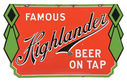 FAMOUS HIGHLANDER BEER ON TAP DIECUT PORCELAIN SIGN