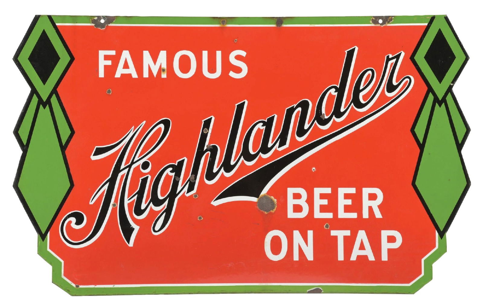 FAMOUS HIGHLANDER BEER ON TAP DIECUT PORCELAIN SIGN (1 of 2)