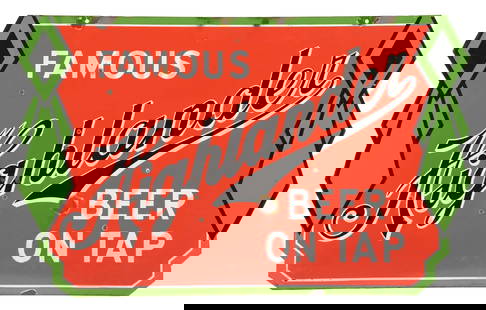 FAMOUS HIGHLANDER BEER ON TAP DIECUT PORCELAIN SIGN: DSP. C. 1930s. CONDITION: Very good color and gloss throughout each side, showing unique script as well as deco style edges. Moderate chipping in the fields, as well as light surface scratching with c