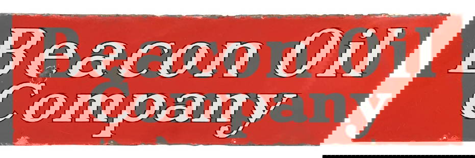 BEACON OIL COMPANY PORCELAIN SIGN: DSP. C. 1930s. CONDITION: Sign shows fair color throughout, with areas of dullness in the gloss as well as areas of surface scratching. Sign shows one chip in the field of each side, as well as a mode