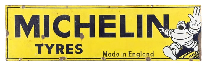 MICHELIN TIRES PORCELAIN SERVICE STATION SIGN W/ BIBENDUM GRAPHIC