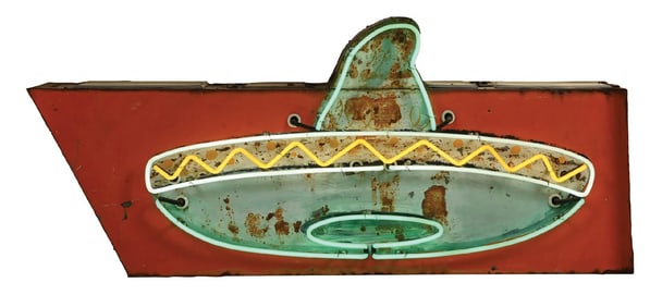 HAND PAINTED TIN NEON SOMBRERO SIGN