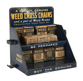 RARE WEED CHAINS AUTOMOTIVE CROSS CHAIN REPAIR LINKS TIN STORE DISPLAY W/ ORIGINAL BOXES & TIRE